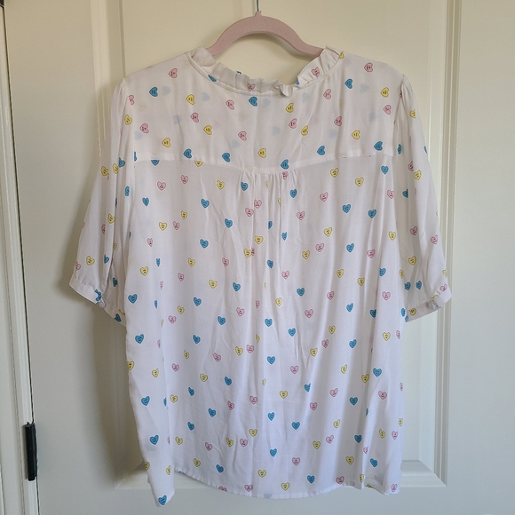 White Conversation Hearts Valentine Ruffle Short Sleeve Blouse Large - Picture 5 of 8